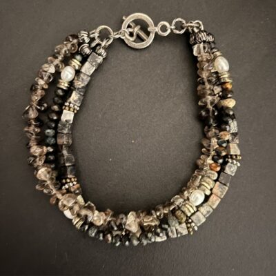 Smoky Quartz, Silver Leaf Jasper Triple Strand Bracelet